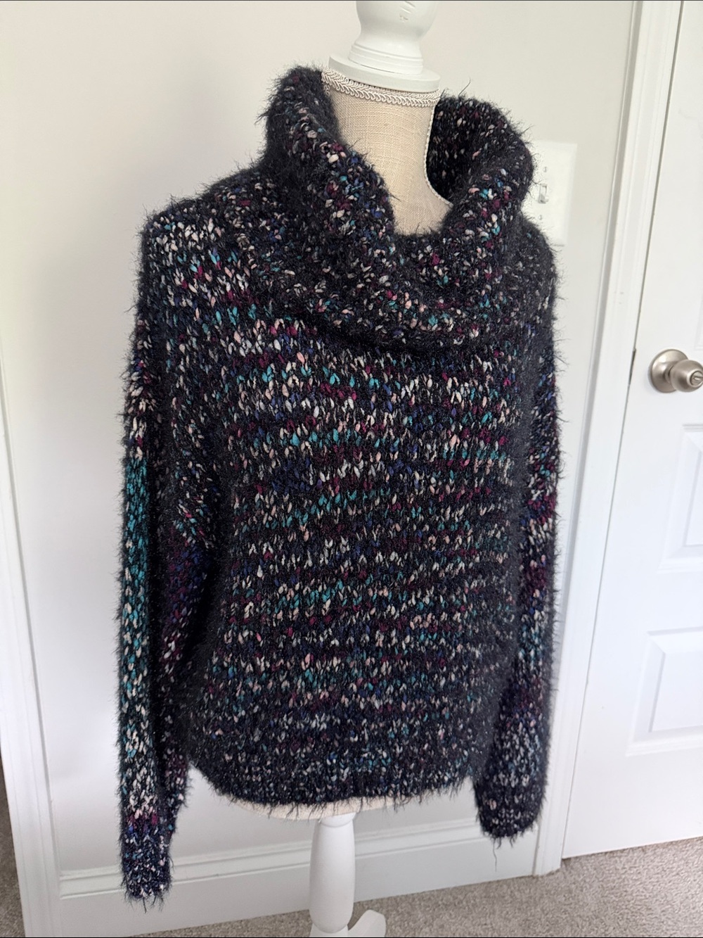 Cozy Black Multicolor Fuzzy Cowl Neck Sweater - Women